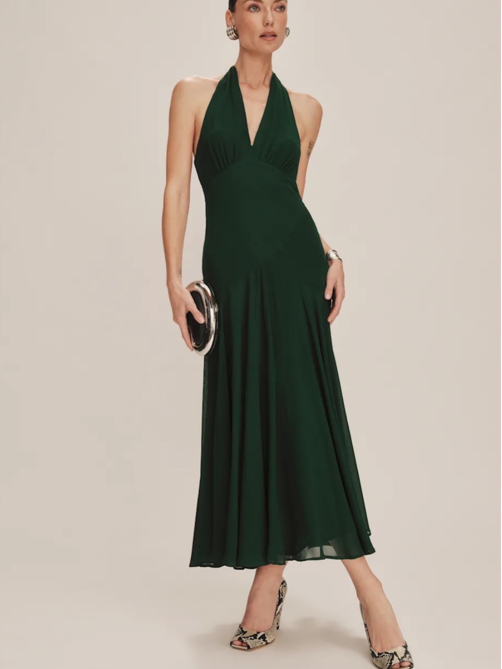 Reformation Dark Green V-Neck Maxi Dress with Back Tie - Picture 4 of 10